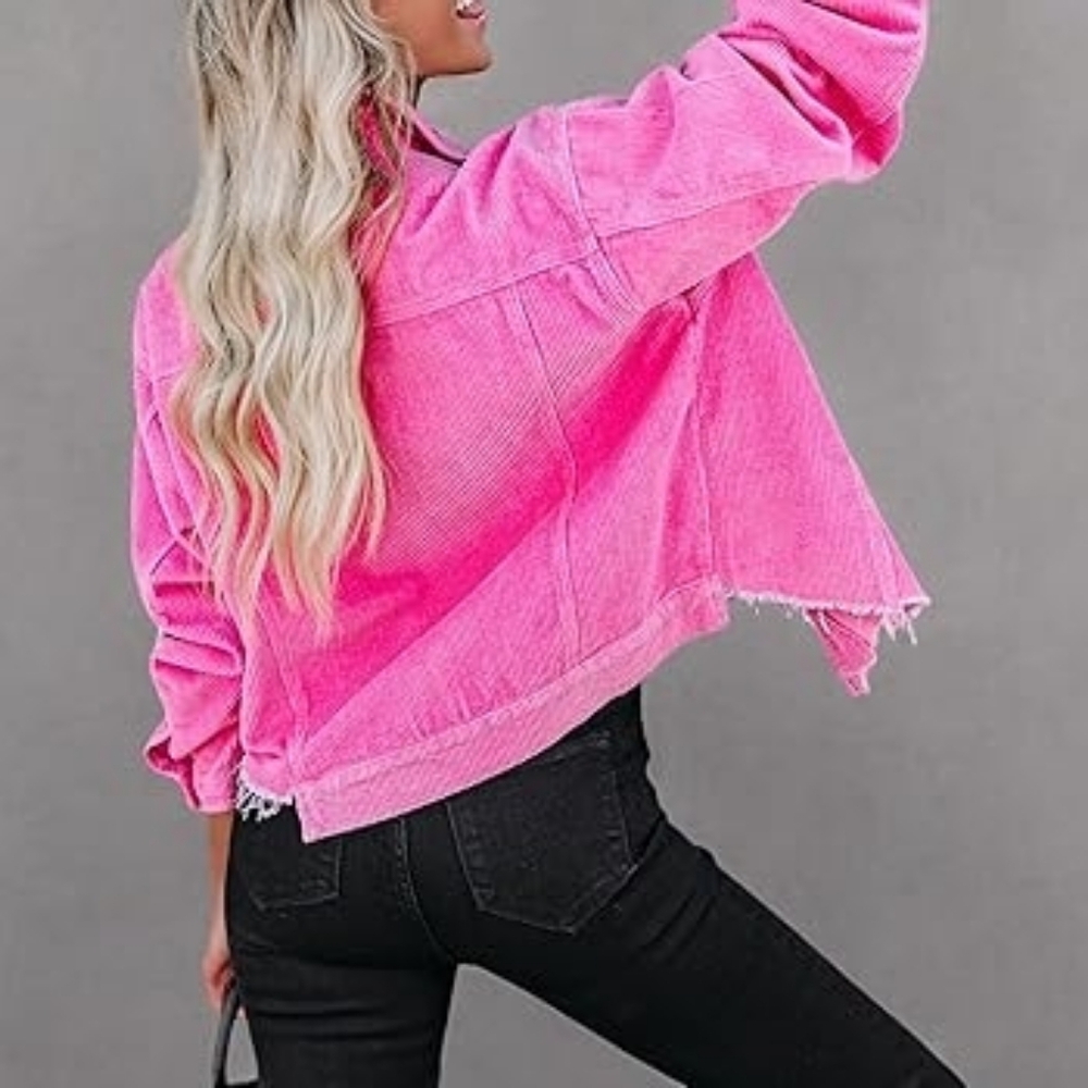 POL Corduroy Trucker Ribbed Jacket Raw Hem Barbie Pink - Picture 9 of 9